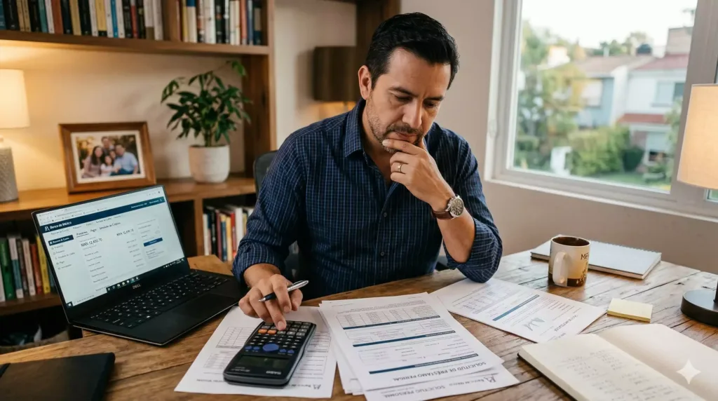 Persona en México calculando cuánto puede pedir de préstamo con documentos y calculadora