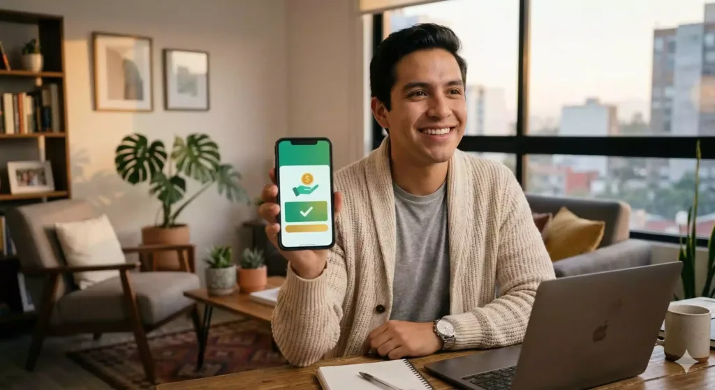 Hombre usando celular después de obtener un prestamo facil y rapido en México