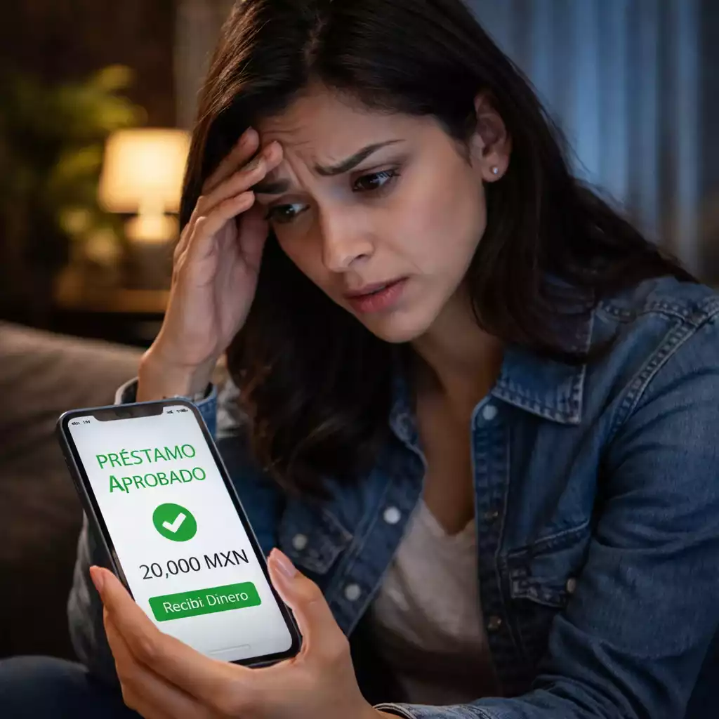 Persona en México revisando un préstamo rápido sin requisitos en su celular con expresión de preocupación