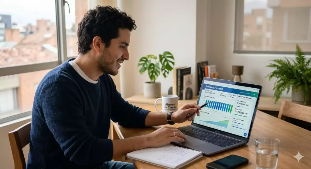 Simulador de préstamos México mostrando cálculo de cuotas e intereses en laptop
